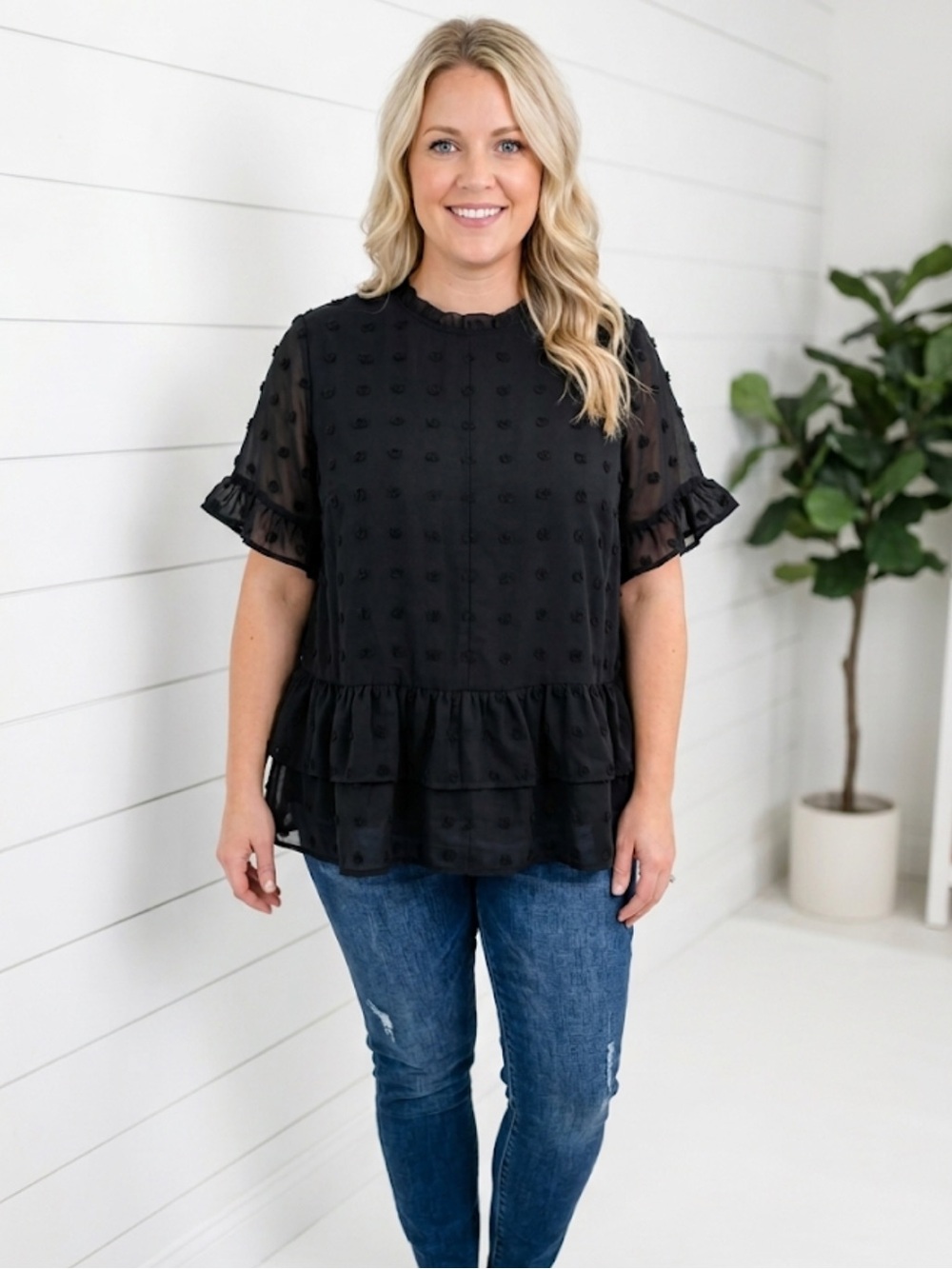 ANDREE BY UNIT Black Swiss Dot Ruffle Peplum Blouse
